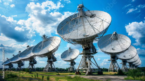 A row of large satellite dishes in an open field  under a partly cloudy sky. These antennas are used for communication and astronomical observations.