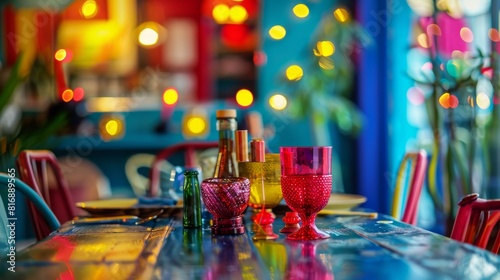 Colorful glassware on a wooden table in a restaurant