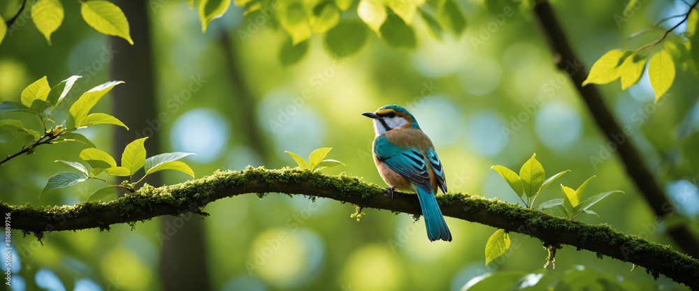 Fototapeta premium 小鳥 木々 空 葉 背景画像 Generative AI