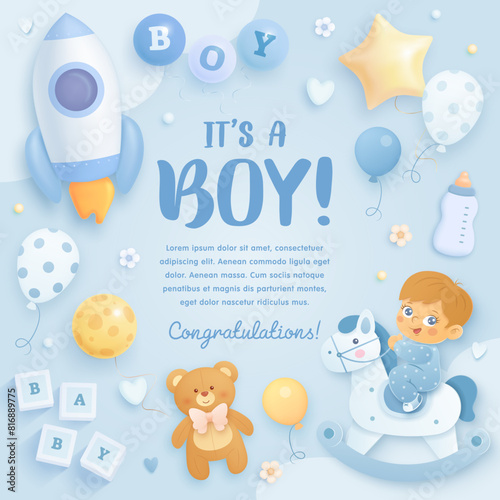 Baby shower square invitation, greeting card or web banner with cartoon rocket, toys and helium balloons on blue background. It's a boy