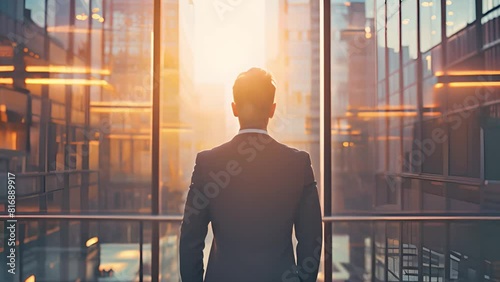 A silhouette of a businessman standing in front of a window, looking out into the cityscape.
