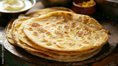 A close-up view of a stack of freshly made, golden-brown flatbreads placed on a wooden surface, with a bowl of butter in the background.