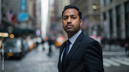 indian businessman standing on city street