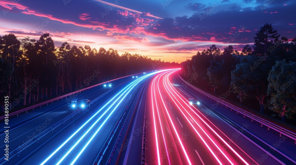 A retrofuturistic highway with glowing light trails, blending midcentury modern design with futuristic technology A retrofuturistic highway with glowing light trails, blending midcentury modern design with futuristic technology