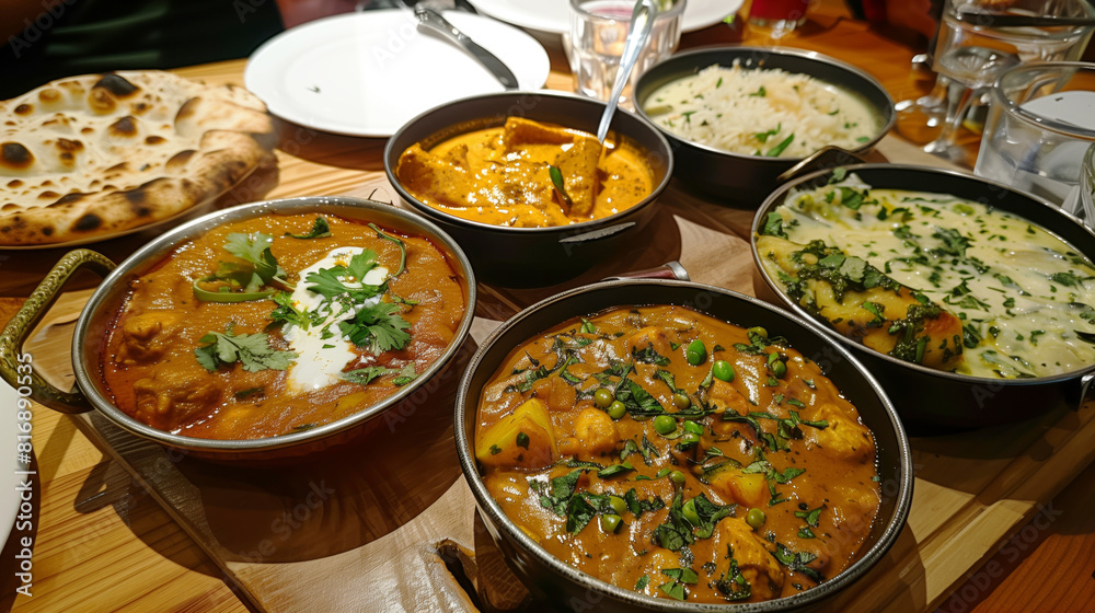 A variety of Indian dishes served on a wooden table, including curries, rice, and naan bread. The dishes are garnished with fresh coriander and look flavorful and aromatic. A variety of Indian dishes served on a wooden table, including curries, rice, and naan bread. The dishes are garnished with fresh coriander and look flavorful and aromatic.