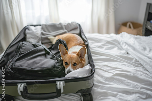 Cute Corgi dog lies in suitcase with clothes on the bed. Vacation and travel concept.