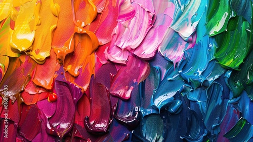 Closeup of a rough abstract background of bold rainbow colors explosion painting texture, with oil brush strokes © MINHO