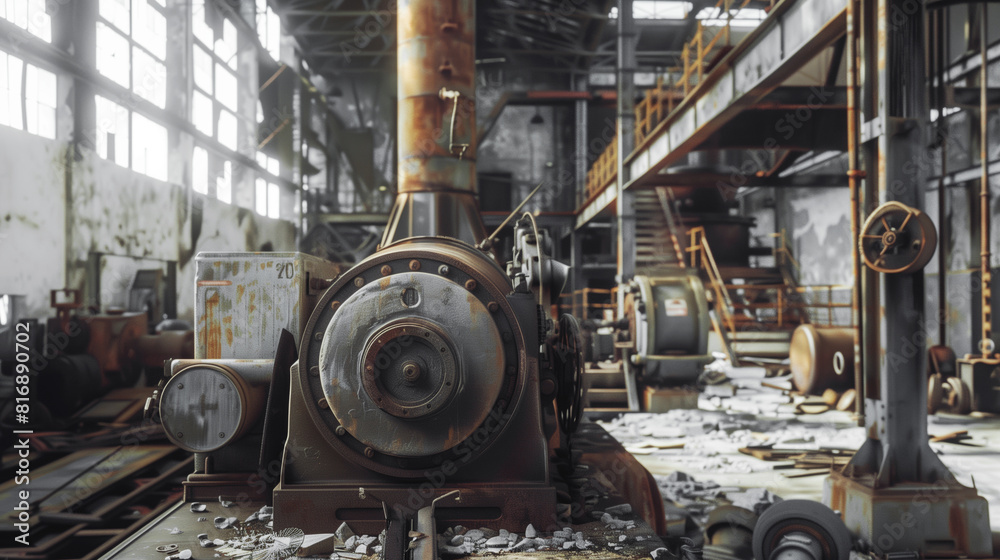 A detailed view of an old, rusty industrial machine inside an abandoned factory. The interior is filled with disused equipment, broken glass, and debris.