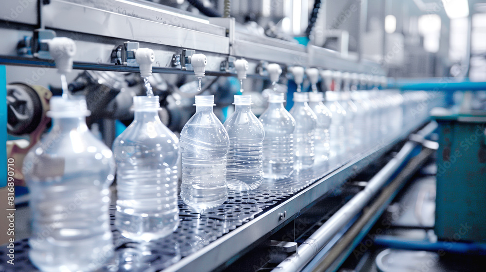 An assembly line in a factory filling clear plastic bottles with water. The bottles are lined up consecutively, and water is being dispensed from nozzles above. An assembly line in a factory filling clear plastic bottles with water. The bottles are lined up consecutively, and water is being dispensed from nozzles above.