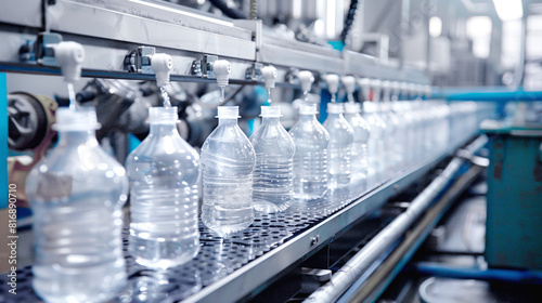An assembly line in a factory filling clear plastic bottles with water. The bottles are lined up consecutively, and water is being dispensed from nozzles above.