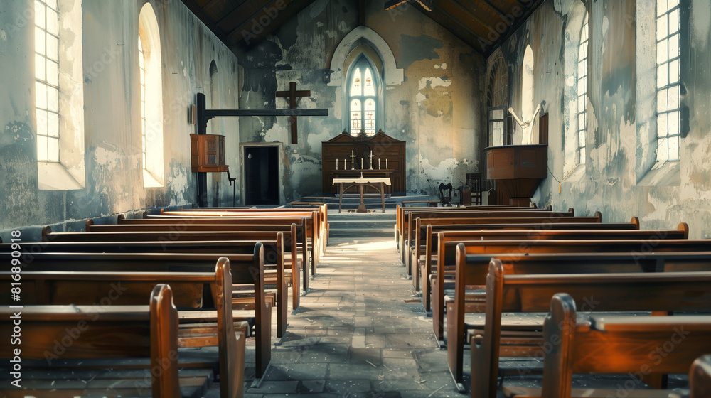 Interior of an old, abandoned church with weathered walls, wooden pews, an altar with candles, and sunlight streaming through tall windows. Interior of an old, abandoned church with weathered walls, wooden pews, an altar with candles, and sunlight streaming through tall windows.
