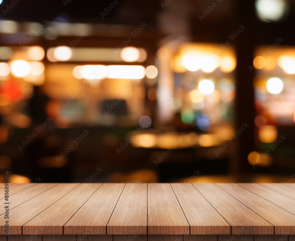 Empty wooden table top with lights bokeh on blur restaurant background. Empty wooden table top with lights bokeh on blur restaurant background.