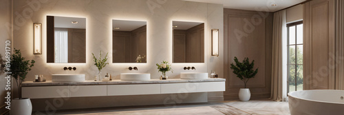 a luxurious bathroom featuring a spacious vanity area with two sinks and a large mirror. Emphasize elegance, functionality, and tranquility in the design. Incorporate premium materials