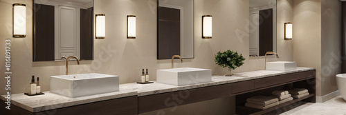 a luxurious bathroom featuring a spacious vanity area with two sinks and a large mirror. Emphasize elegance  functionality  and tranquility in the design. Incorporate premium materials