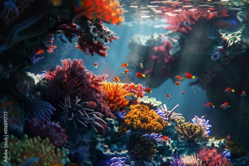 Colorful underwater seascape showcasing a diverse coral reef teeming with tropical fish