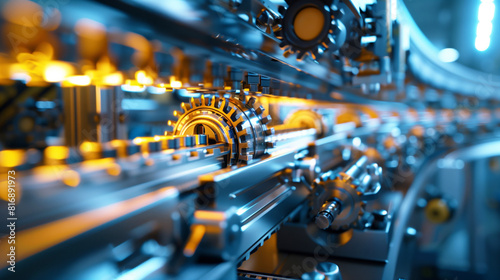 Close-up of an intricate industrial machine with gears, brightly lit with blue and orange lighting, showcasing mechanical engineering and precision technology.