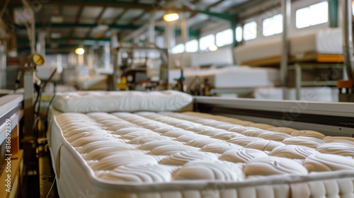A detailed close-up of a mattress in production in a factory setting, showing the soft quilting material and patterns under industrial lighting.