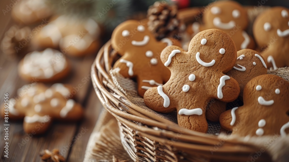A fresh gingerbread man with a golden crust sits attractively in a simple wicker basket on a wooden table. Warm light and shadow emphasize the delicious texture. The burlap bottom adds a warm feel. A fresh gingerbread man with a golden crust sits attractively in a simple wicker basket on a wooden table. Warm light and shadow emphasize the delicious texture. The burlap bottom adds a warm feel.