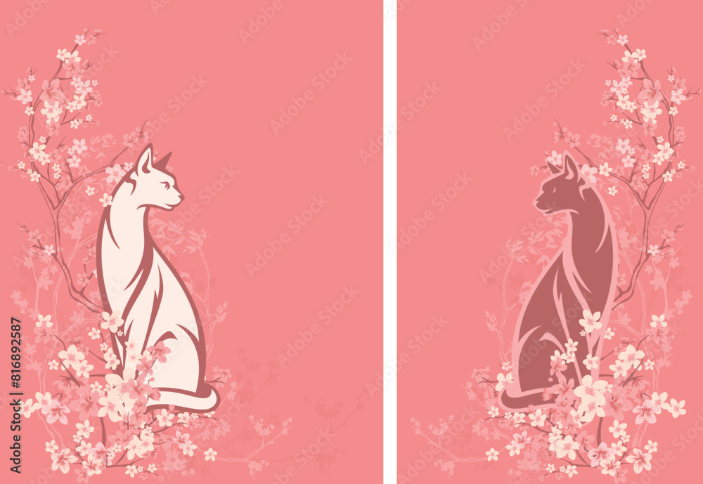 beautiful elegant cat sitting among blooming cherry tree branches - cute pet animal and sakura flowers vector copy space design set beautiful elegant cat sitting among blooming cherry tree branches - cute pet animal and sakura flowers vector copy space design set