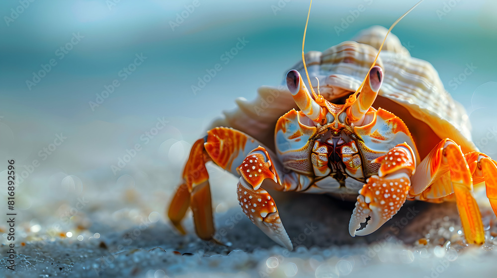 A Close up Shot of a Hermit Crab Revealing its Intricate Shell Design Ideal for Marine Life and Coastal Themed Content A Close up Shot of a Hermit Crab Revealing its Intricate Shell Design Ideal for Marine Life and Coastal Themed Content