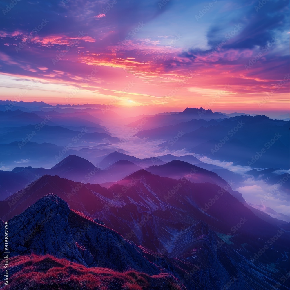 Obraz premium A majestic sunrise over a mountain range with colorful skies and misty valleys