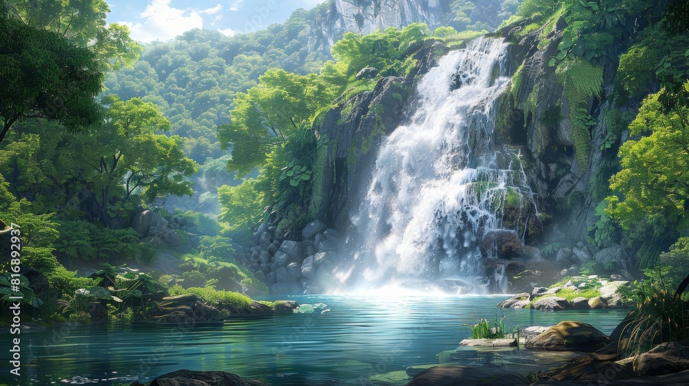 A majestic waterfall cascading into a clear pool surrounded by lush greenery A majestic waterfall cascading into a clear pool surrounded by lush greenery