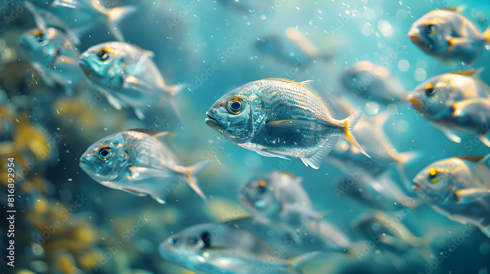 A Captivating Close Up of Synchronized School of Fish Swimming in Ocean Waters Ideal for Marine Life and Underwater Themes A Captivating Close Up of Synchronized School of Fish Swimming in Ocean Waters Ideal for Marine Life and Underwater Themes