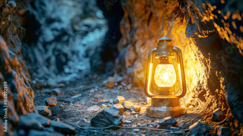 A rustic lantern emitting warm light is placed on a rocky path inside a dimly lit cave, creating a contrast between the illumination and the surrounding darkness.