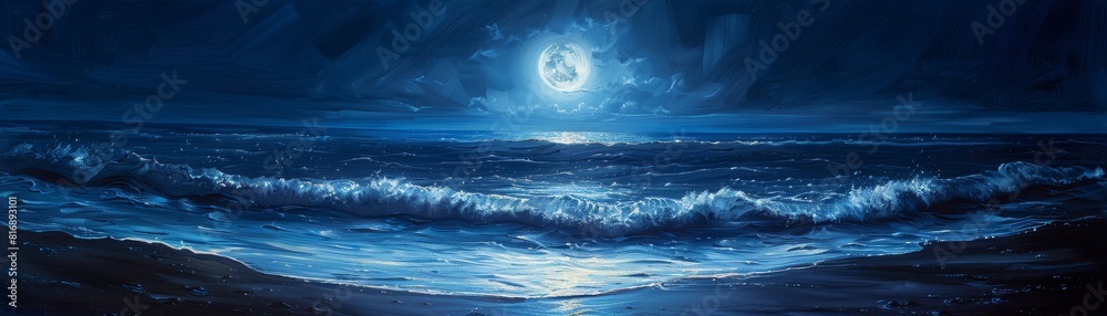 Obraz premium A painting of a moonlit ocean with a large wave