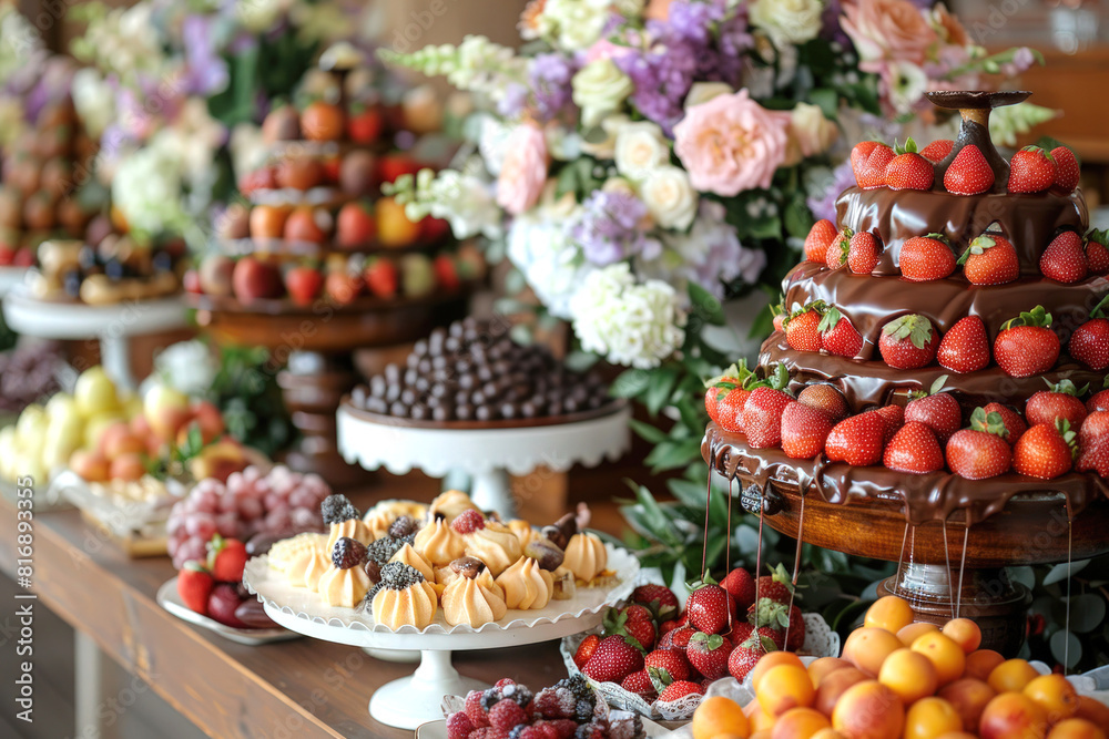 An elegant dessert table at a wedding reception featuring a cascading chocolate fountain, surrounded by fresh fruits and pastries.