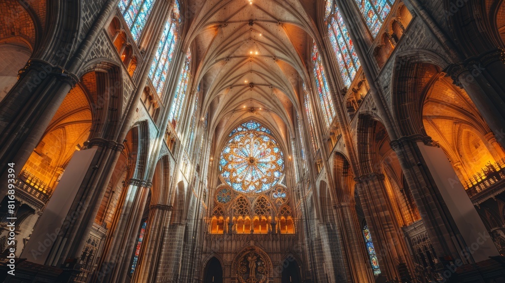 A majestic cathedral interior with intricate stained glass windows and high arches A majestic cathedral interior with intricate stained glass windows and high arches
