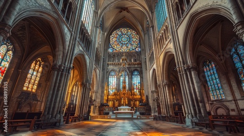 A majestic cathedral interior with intricate stained glass windows and high arches photo