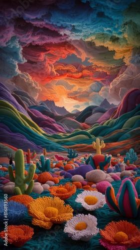 Vibrant Fantasy Landscape with Colorful Cacti and Dramatic Sunset