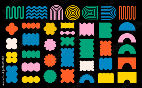 Abstract geometric shapes and icons. Colorful groovy brutal figures. Modern Swiss design aesthetic.