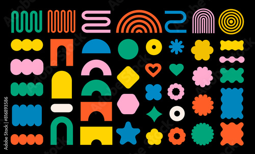 Abstract geometric shapes and icons. Colorful groovy brutal figures. Modern Swiss design aesthetic.