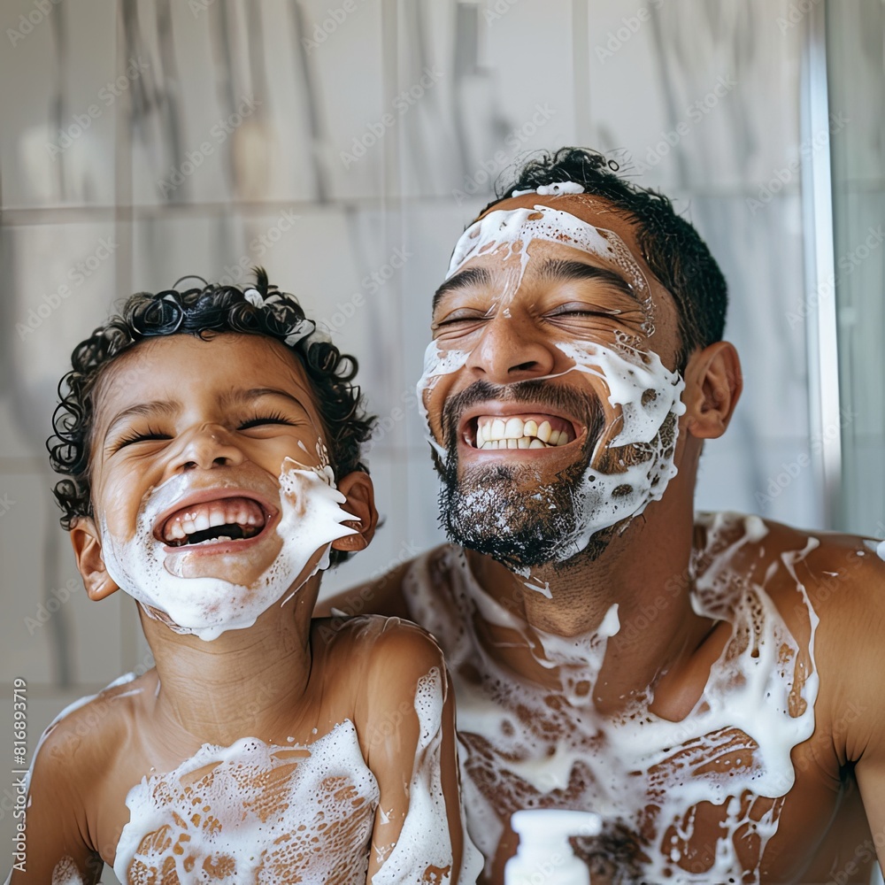 Father and Son Laughing with Soap Foam.