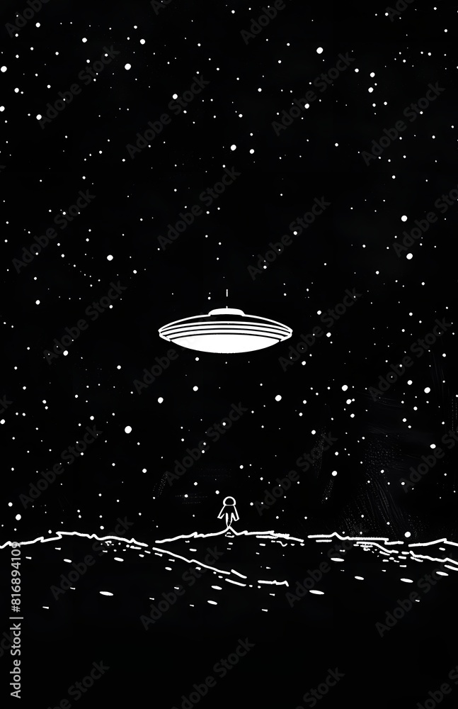Black and white UFO in night sky illustration