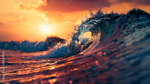 Dynamic ocean waves captured at sunset  showcasing the energy and beauty of the sea with warm  glowing colors illuminating the water surface.