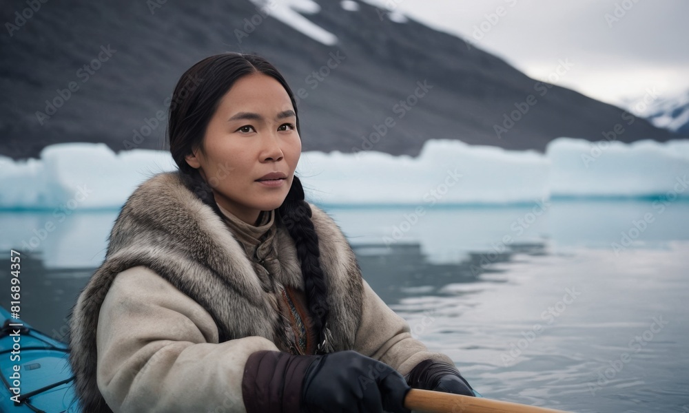 Inuit Woman in Traditional Fur Clothing Kayaking Among Arctic Icebergs Inuit Woman in Traditional Fur Clothing Kayaking Among Arctic Icebergs