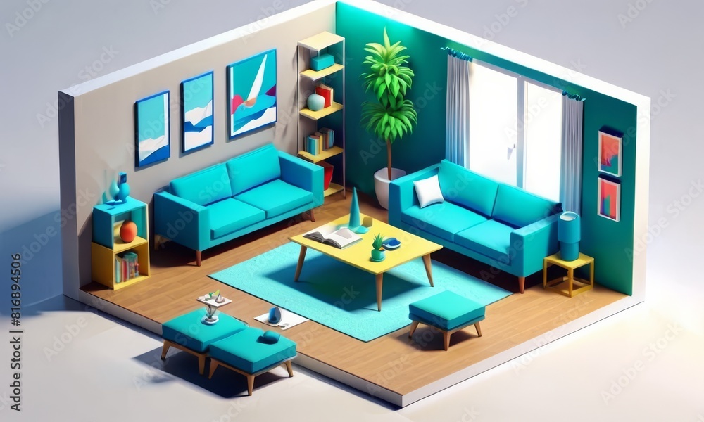 3D Render of Modern Living Room with Teal Sofas and Vibrant Decor 3D Render of Modern Living Room with Teal Sofas and Vibrant Decor