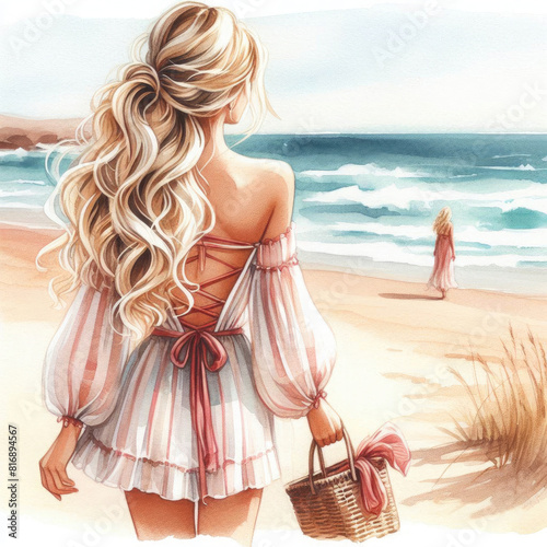 Beautiful fashionable blonde girl with long hair on the beach near the ocean in a summer dress, rear view. Seascape, summer holiday concept, sea cruise. Watercolor illustration
