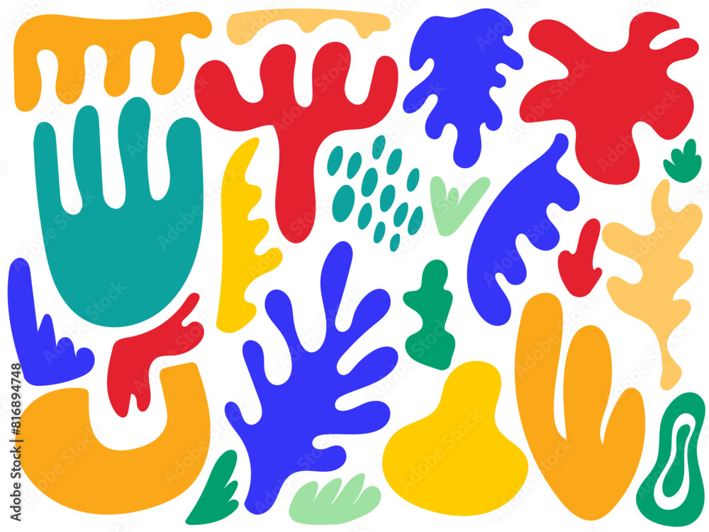 Fototapeta premium Matisse inspired set of abstract organic colored shapes on a white background. Vector