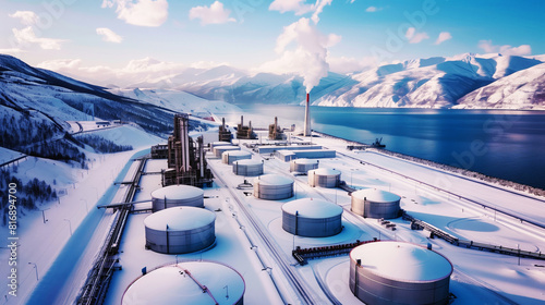 A serene industrial complex situated in a snowy mountainous landscape beside a tranquil lake. Numerous large storage tanks and structures are visible, with smoke rising from a tall chimney.