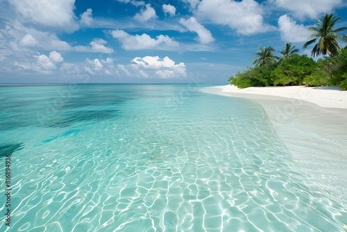 A beautiful beach with a clear blue ocean and a palm tree in the background