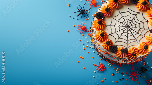 Flatlay Halloween buttercream frosting cake with spider web candy for spooky event bold orange blue background bakery banner cooking recipe blog above mock up horror cute chic decorating copy space