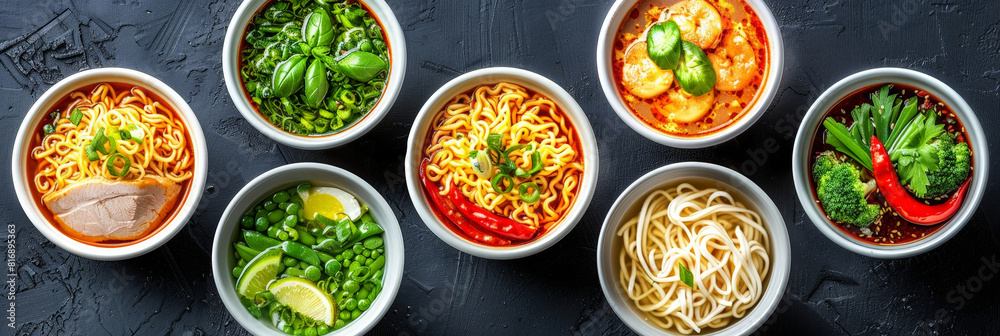 A collection of assorted Asian noodles served in individual bowls, showcasing a range of colors, textures, and flavors against a dark backdrop A collection of assorted Asian noodles served in individual bowls, showcasing a range of colors, textures, and flavors against a dark backdrop