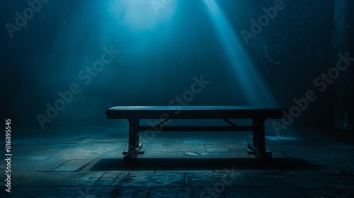 Dramatic gym bench in a dark room with sunlight beams