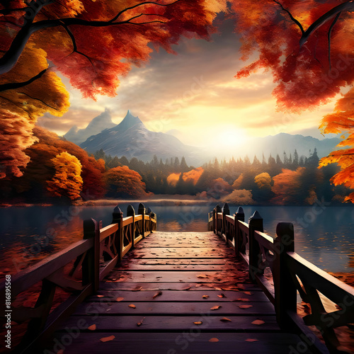 Indulge in the beauty of the changing seasons with a creative autumn wallpaper  depicting a picturesque landscape of colorful trees  a tranquil lake  and a charming wooden bridge