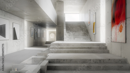  Modern art museum showcases a minimalist concrete staircase with vivid abstract paintings. 