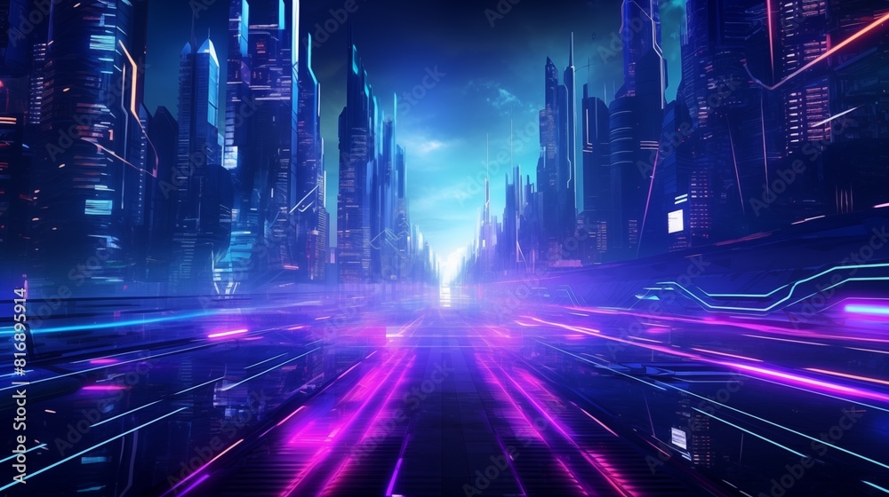 Futuristic Neon-Lit Cityscape with Advanced Architectural Designs and Glowing Pathways.
